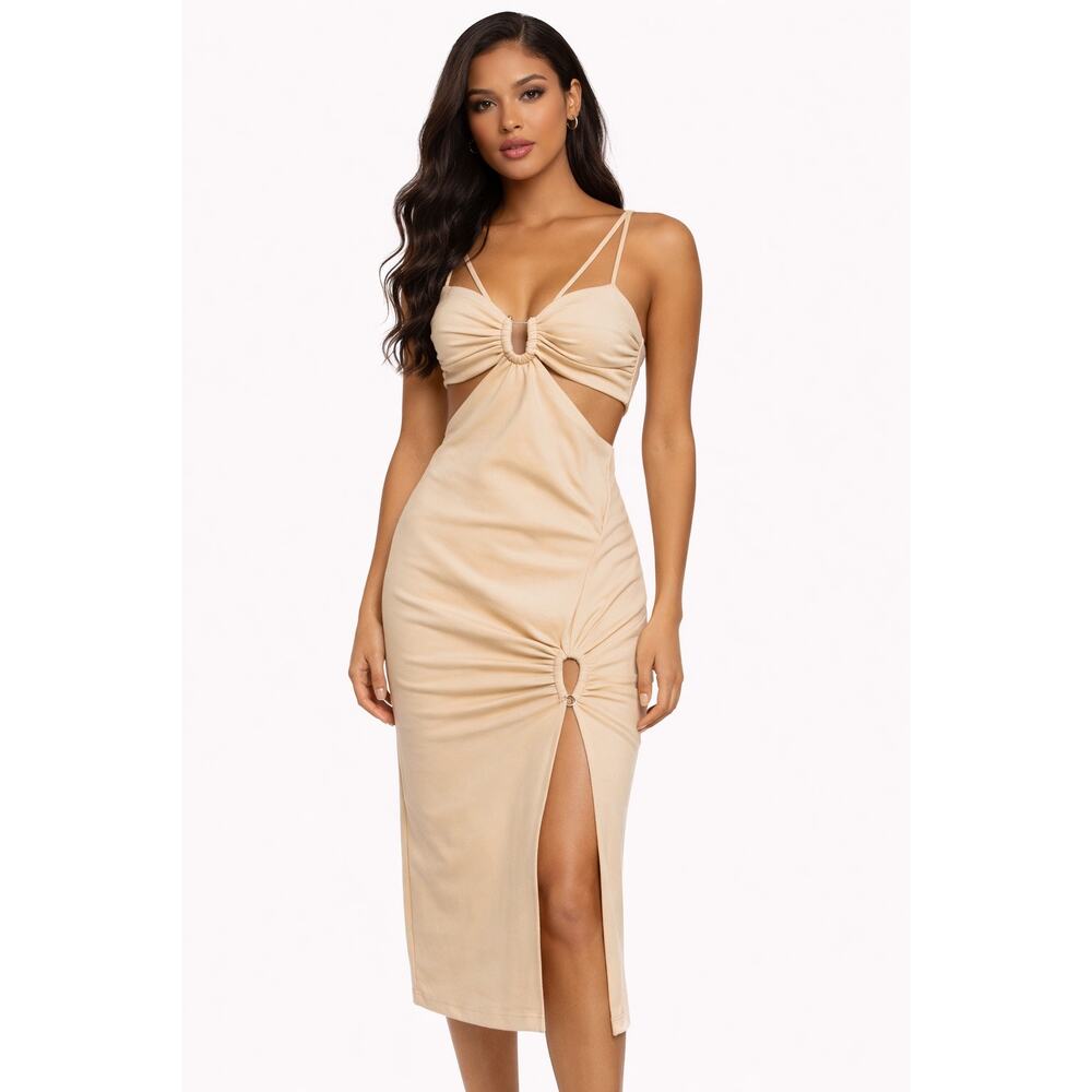 Nicholas Beige Neutral Strappy Twist Midi Cocktail Wedding Guest Dress - 6